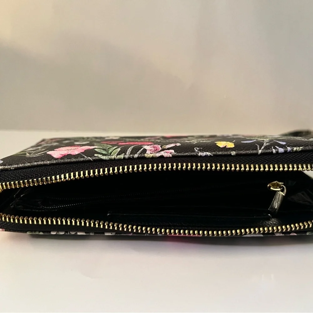 Betsey Johnson Watercolor Black Floral Large Clutch Zip-Around Wallet